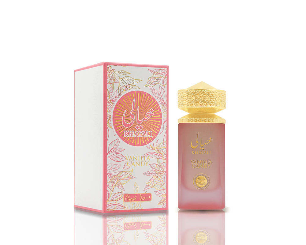 Vanila Candy by Khayali 100ml perfume bottle with pink and gold box. Vanila Candy by Khayali 100ml perfume bottle with pink and gold box.