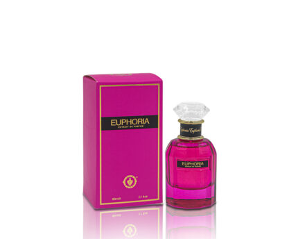 Euphoria Extrait De Parfum 80ml bottle by Arabian Fragrances with pink box.