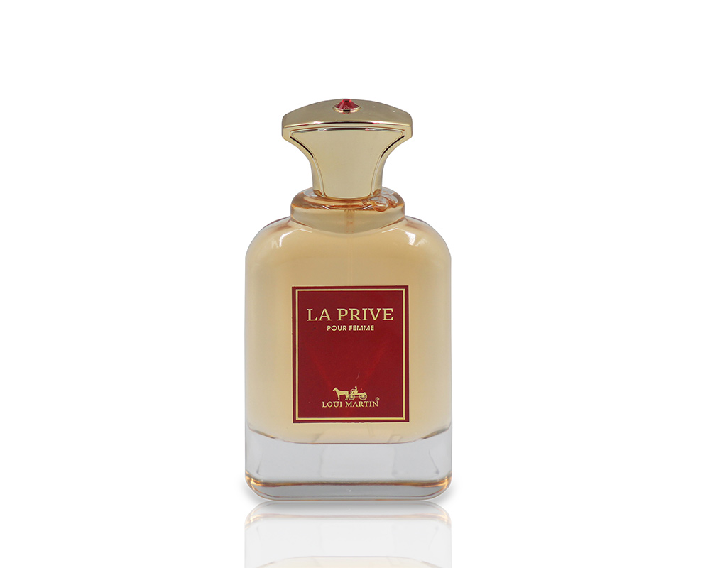 La Prive Pour Femme by Loui Martin 100ml perfume bottle with white and red box. La Prive Pour Femme by Loui Martin 100ml perfume bottle with white and red box.