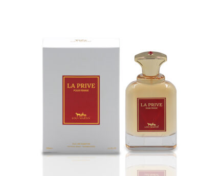 La Prive Pour Femme by Loui Martin 100ml perfume bottle with white and red box.